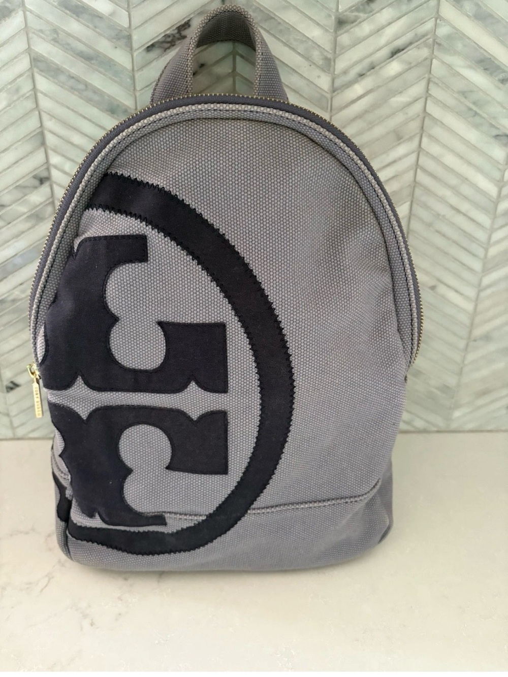 Tory Burch Gray Canvas Mini Backpack with Dark Blue Logo